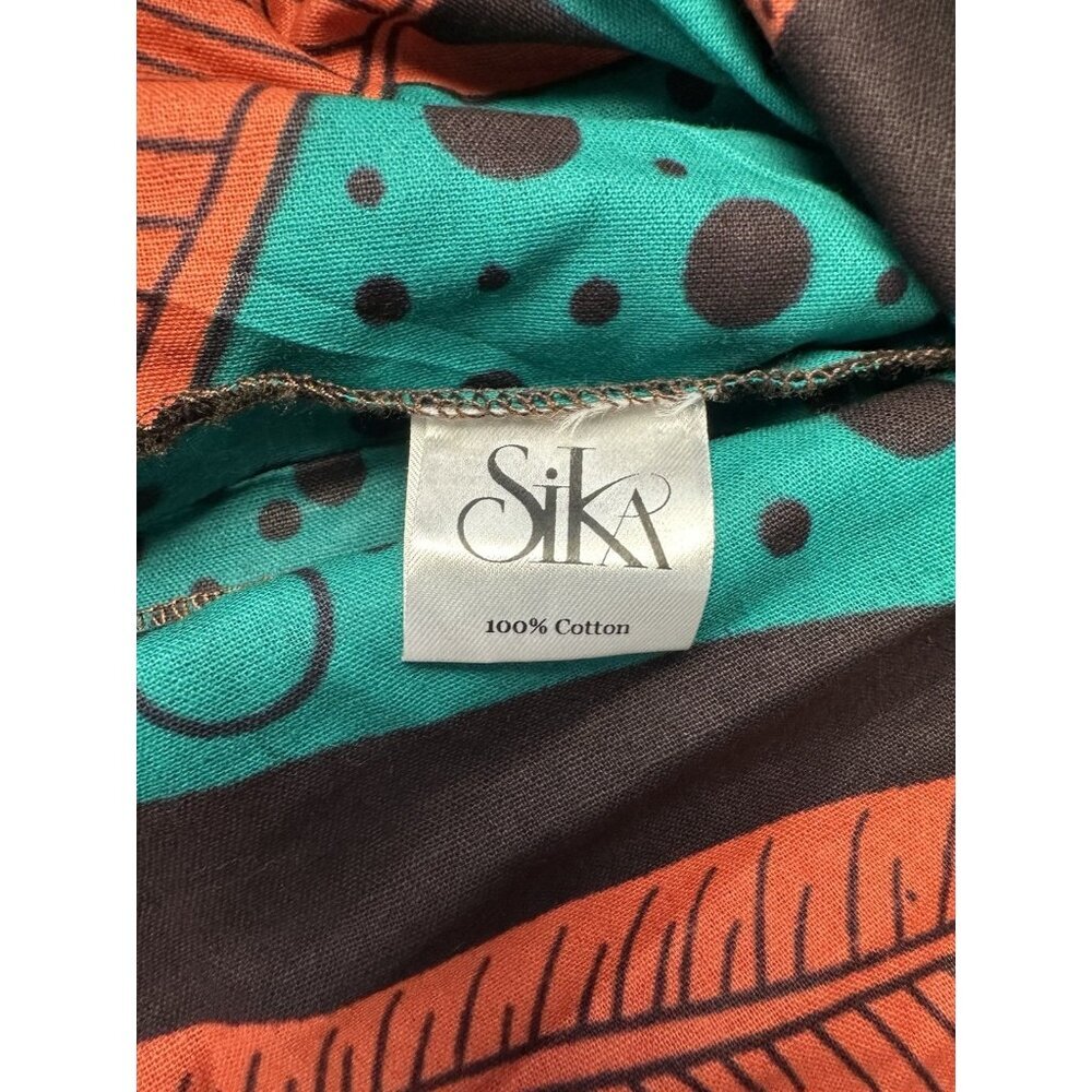 SIKA Ghana Handmade Cotton Maxi Dress Teal Orange Banana Leaf Print Size 4 - Picture 5 of 16